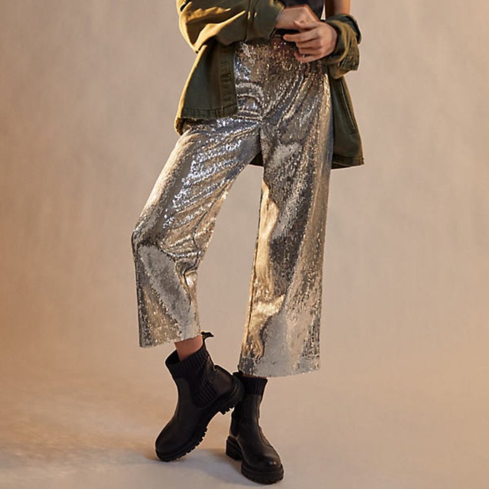 Anthropologie Porridge Silver Sequined Wide Leg Pants small NWT